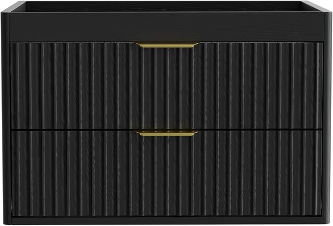 24 Inch Floating Bathroom Vanity Without Sink, Bathroom Wall Cabinet with 2 Fluted Drawers & Metal Handle, Wall Mounted Cabinet for Bathrooms (Black, 24 inch, Without Sink)