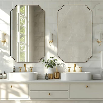 24"x40" Gold Mirror, Brushed Brass Scalloped Wall Mirror, Unique Rectangle Mirror, Bathroom Vanity Mirror in Anti-Rust Stainless Steel Metal Frame 1’’ Deep, Hangs Vertically/Horizontally