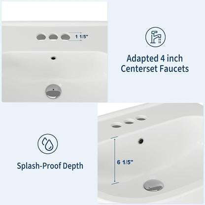 22" x 17" Pedestal Sink – White Ceramic Rectangular Bathroom Vanity with Overflow, Bathroom Pedestal Sink with 3 Pre-Drilled Holes for 4 in Faucets