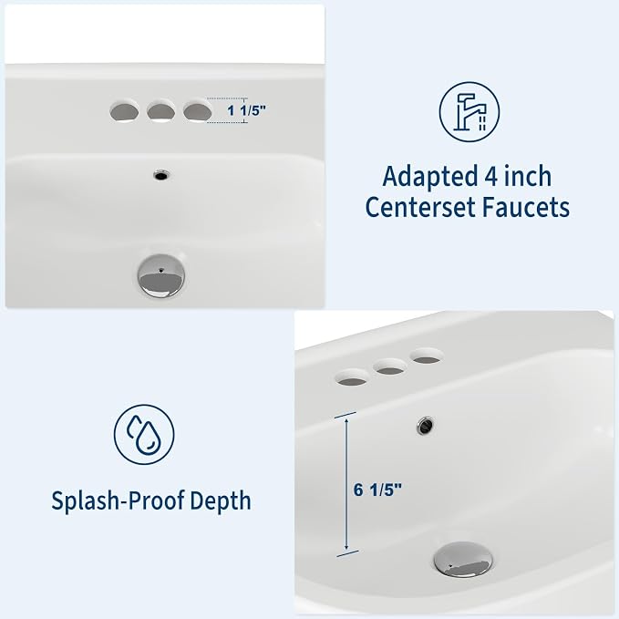 Pedestal Sink - Single Hole Rectangular Ceramic Pedestal Sink for Bathroom, White Freestanding Sink with Overflow and Backsplash, Easy Installation