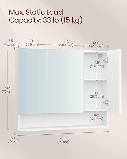 VASAGLE KAILYN Collection - Medicine Cabinet Mirror, Bathroom Wall Mirror Cabinet with Storage, Open Compartment, Adjustable Shelves, 6.5 x 35.4 x 29.5 Inches, Cloud White UBBK130W01