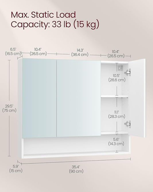 VASAGLE KAILYN Collection - Medicine Cabinet Mirror, Bathroom Wall Mirror Cabinet with Storage, Open Compartment, Adjustable Shelves, 6.5 x 35.4 x 29.5 Inches, Cloud White UBBK130W01