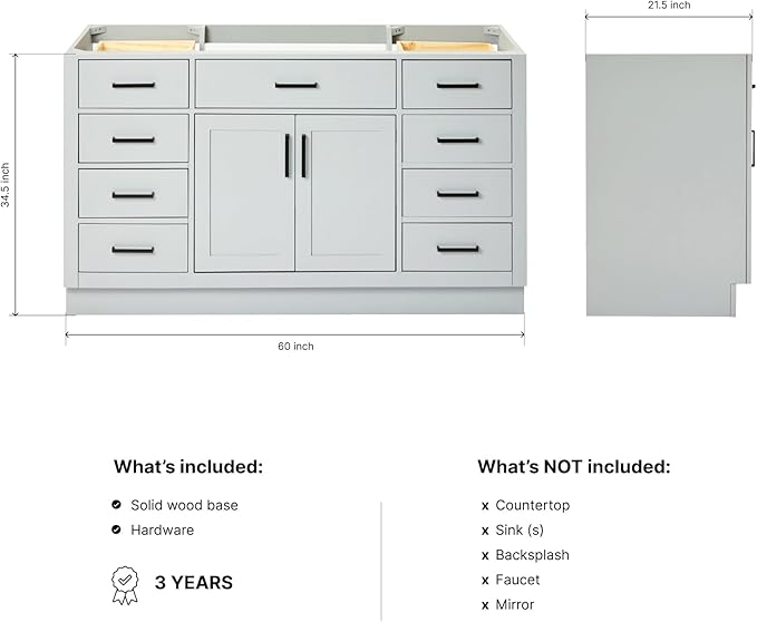 ARIEL Hepburn 60-inch Bathroom Vanity Base Cabinet,Solid Wood, 2 Soft Closing Doors, 9 Dovetail Drawers, Grey