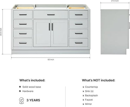 ARIEL Hepburn 60-inch Bathroom Vanity Base Cabinet,Solid Wood, 2 Soft Closing Doors, 9 Dovetail Drawers, Grey