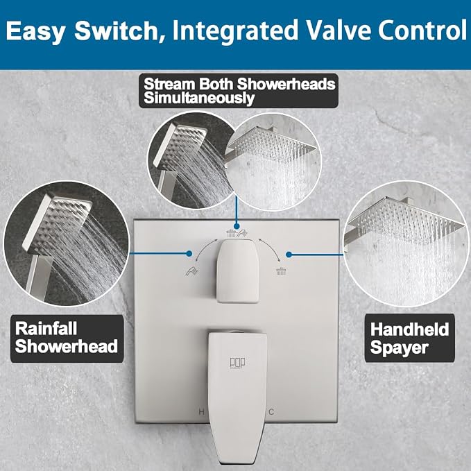 Shower Faucet Set Brushed Nickel Rainfall 12 Inch Shower Head and Handle Set Bathroom Rain Shower System Wall Mounted Shower Fixture Include Shower Valve and Trim Kit