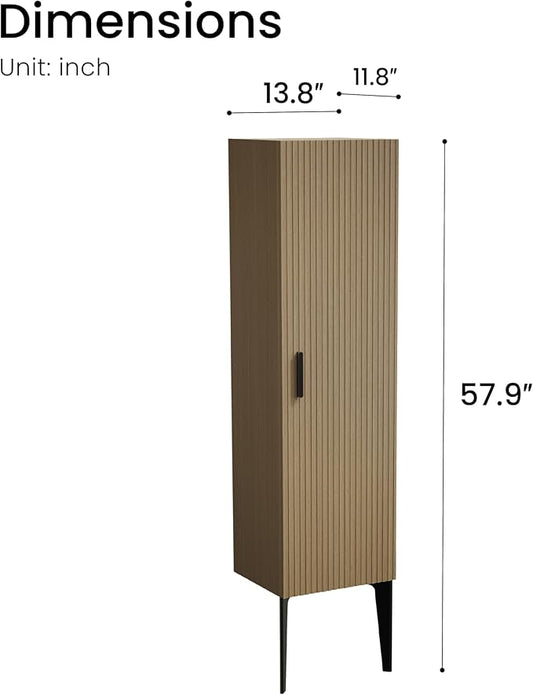 14" Bathroom Side Cabinet, Modern Striped Storage Cabinet with Soft-Closing Door, Adjustable Shelves & Metal Legs, Large Storage for Small Bathroom, Natural Oak, Cypress Collection