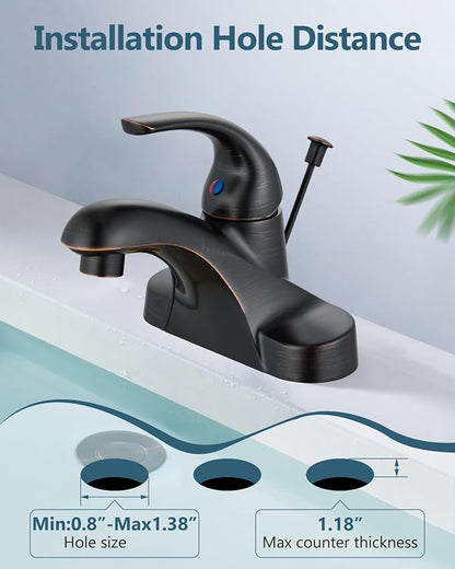 4-Inch Centerset Bathroom Sink Faucet with Drain, Bronze | Single-Handle Vanity Faucet with Lift Rod Drain, 24-Inch Supply Lines, 1.2 GPM, 3-Hole Deck Mount, Easy Installation