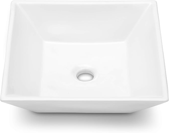 Square Bathroom Vessel Sink | Beslend 16"x16" Inch White Ceramic Porcelain Sink Above Counter Art Sink Basin