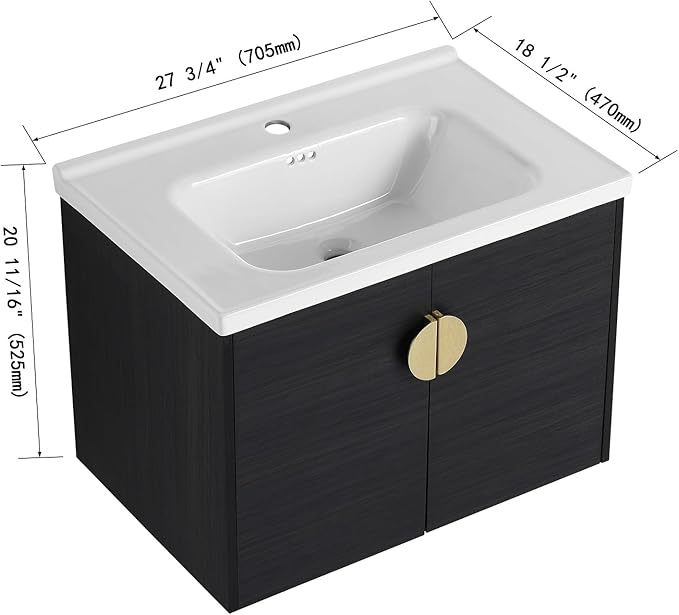 28inch Wall Mount Bathroom Vanity w/Sink Combo for Small Space, Ceramic Countertop Double Doors Modern Bathroom Vanity Cabinet, Floating Black Bathroom Vanity and Sink Set w/Gold Handle