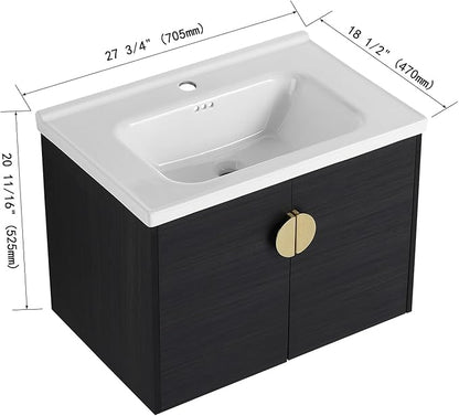 28inch Wall Mount Bathroom Vanity w/Sink Combo for Small Space, Ceramic Countertop Double Doors Modern Bathroom Vanity Cabinet, Floating Black Bathroom Vanity and Sink Set w/Gold Handle
