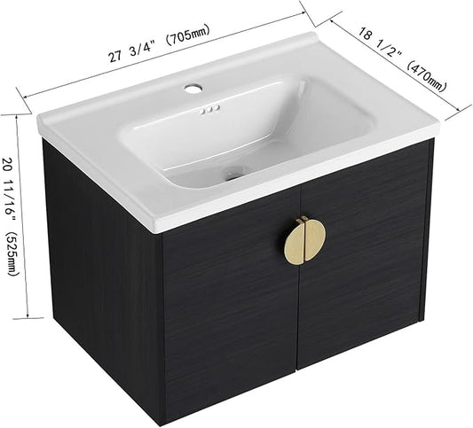 28inch Wall Mount Bathroom Vanity w/Sink Combo for Small Space, Ceramic Countertop Double Doors Modern Bathroom Vanity Cabinet, Floating Black Bathroom Vanity and Sink Set w/Gold Handle