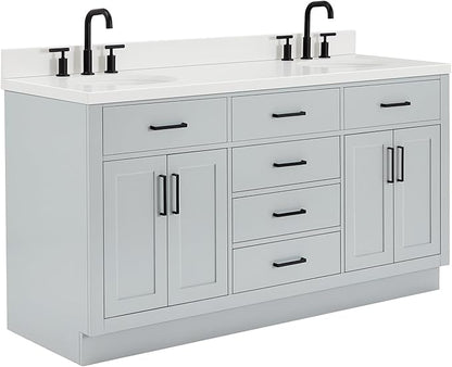 ARIEL Hepburn 66-inch Bathroom Vanity with Sink,Solid Wood, 1.5-inch Pure White Quartz Countertop & Backsplash, Double Oval Porcelain Sink, 4 Soft Closing Doors, 6 Dovetail Drawers, Grey