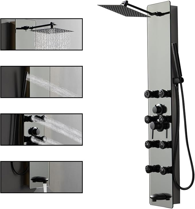 Shower Panel Tower System with Adjustable Rainfall Head Handheld Shower 2-Setting Body Jets and Tub Spout Multifunction Shower Panel, Brushed Stainless Steel and Glass