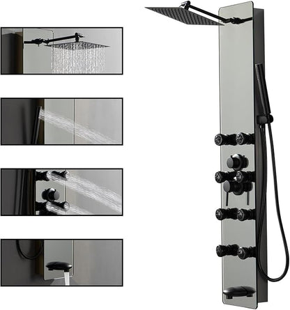 Shower Panel Tower System with Adjustable Rainfall Head Handheld Shower 2-Setting Body Jets and Tub Spout Multifunction Shower Panel, Brushed Stainless Steel and Glass