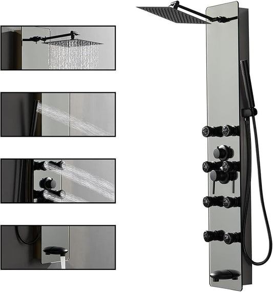 Shower Panel Tower System with Adjustable Rainfall Head Handheld Shower 2-Setting Body Jets and Tub Spout Multifunction Shower Panel, Brushed Stainless Steel and Glass