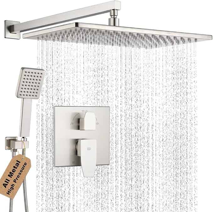 Shower Faucet Set Brushed Nickel Rainfall 15 Inch Thickened Shower Head and Handle Set Bathroom Shower System Wall Mounted Shower Fixture Include Shower Valve and Trim Kit