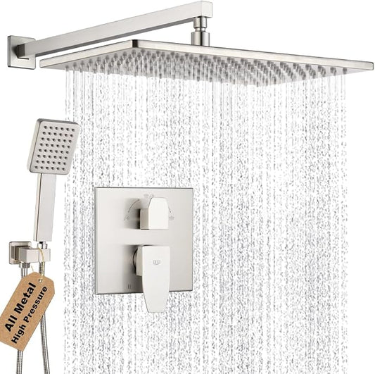 Shower Faucet Set Brushed Nickel Rainfall 15 Inch Thickened Shower Head and Handle Set Bathroom Shower System Wall Mounted Shower Fixture Include Shower Valve and Trim Kit