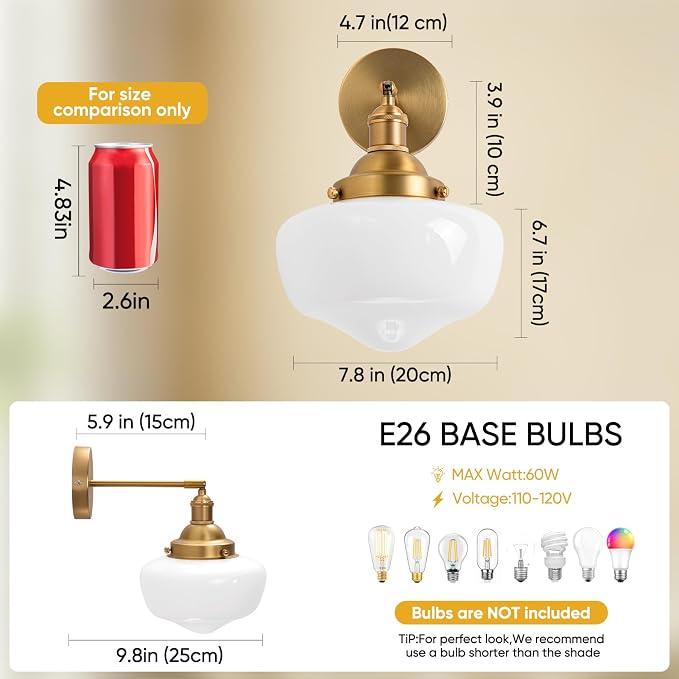 Vintage Wall Sconce, Bathroom Vanity Light with Milky White Glass Shade and Matte Brass Finish Bathroom Light Fixture, Wall Lamps for Living Room