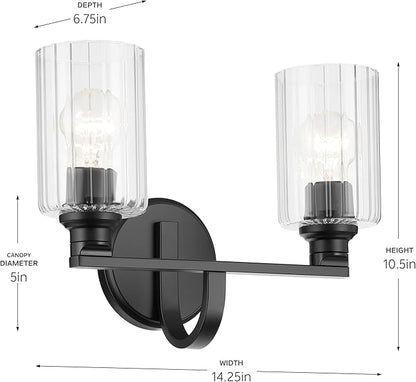 Kichler Gioe 14.25" 2-Light Vanity Light with Clear Fluted Glass in Black, Damp Rated, for Bathroom, Powder Room, Over a Mirror, (14.25" W x 10.5" H), 55225BKFLU