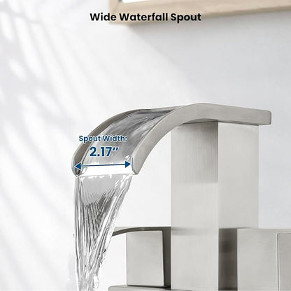 gotonovo Waterfall 4 Inch Centerset Bathroom Sink Faucet 2 Handle Basin Faucets 2 or 3 Hole Deck Mount with Pop Up Drain Included Lavatory Modern Mixer Tap Vanity Faucet Brushed Nickel