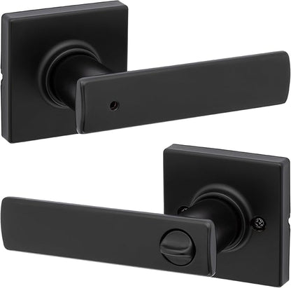 Kwikset Breton Interior Privacy Door Handle with Lock, Door Lever For Bathroom and Bedroom, Matte Black Reversible Keyless Turn Lock, with Microban Protection