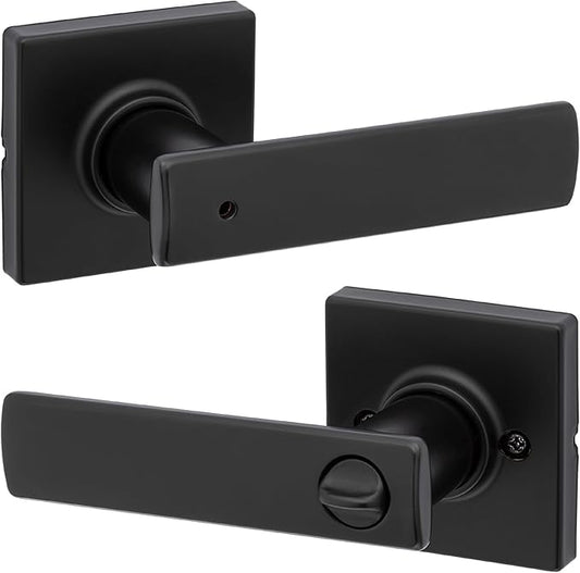 Kwikset Breton Interior Privacy Door Handle with Lock, Door Lever For Bathroom and Bedroom, Matte Black Reversible Keyless Turn Lock, with Microban Protection