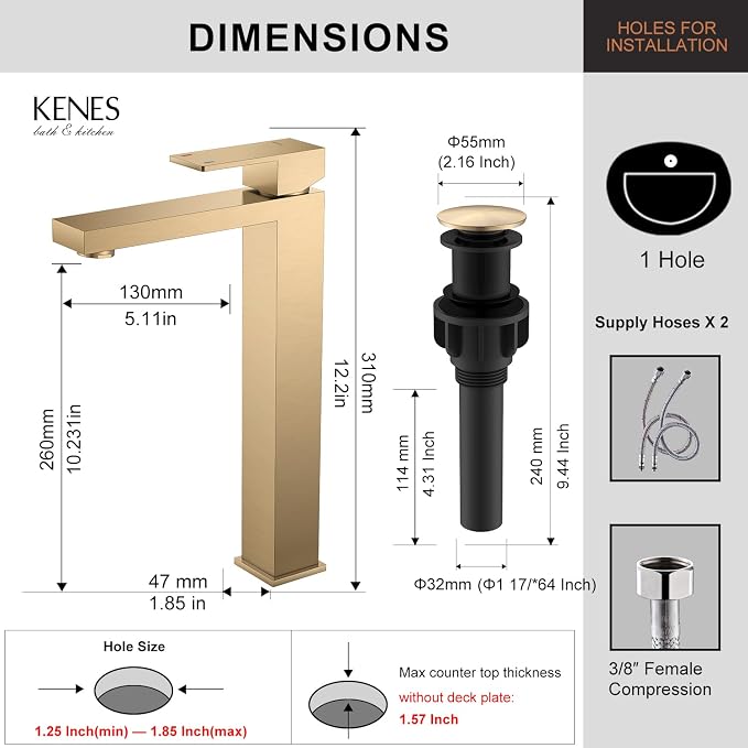 Champagne Bronze Vessel Sink Faucet 1 Handle, Tall Bathroom Faucet | Vessel Bowl Faucet with Pop Up Drain & Supply Lines, Lead-Free cUPC & NSF Certified, 1 Hole Faucet for Vanity RV Restroom