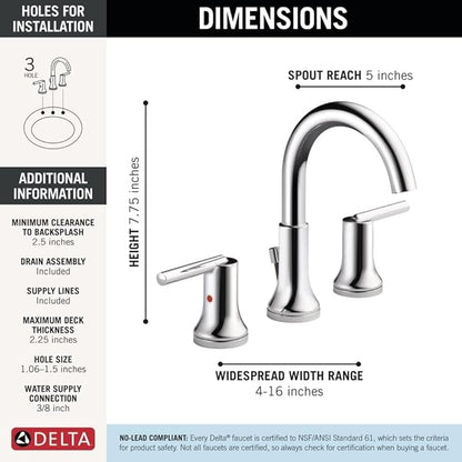 DELTA FAUCET Trinsic Widespread Bathroom Faucet Chrome, Bathroom Faucet 3 Hole, Diamond Seal Technology, Metal Drain Assembly, Chrome 3559-MPU-DST