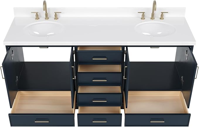 ARIEL Stafford 72-inch Bathroom Vanity with Sink,Solid Wood, 1.5-inch Pure White Quartz Countertop & Backsplash, Double Oval Porcelain Sink, 4 Soft Closing Doors, 6 Dovetail Drawers, Midnight Blue