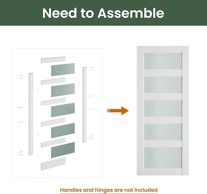 SMARTSTANDARD 36" x 80" Frosted Glass Pantry Door, Solid Core Slab Door | Need to Assembly, 5-Panel without Hardware, French Interior Door for Pantry Pocket, White Primed