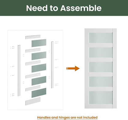 SMARTSTANDARD 36" x 80" Frosted Glass Pantry Door, Solid Core Slab Door | Need to Assembly, 5-Panel without Hardware, French Interior Door for Pantry Pocket, White Primed