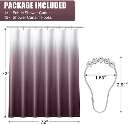 OLANLY Luxury Burgundy and White Ombre Shower Curtain Sets with 12 Hooks, Waterproof and Washable Decorative Shower Curtains for Bathroom, 72x72 Inches