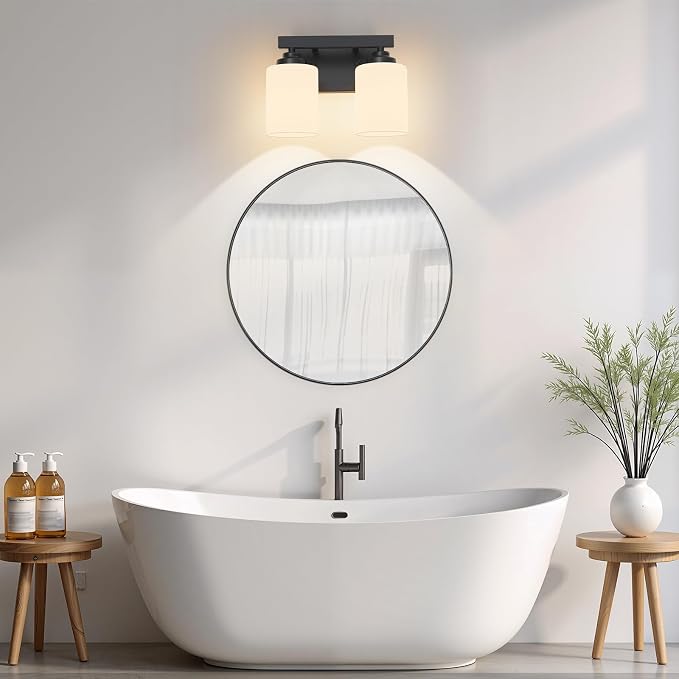 Bathroom Light Fixtures, Vanity Light Over Mirror Black 2-Light Fixture | Modern bathroom vanity light fixture with metal frame, ideal for mirrors, bedrooms and hallways. Fits E26 bulbs.