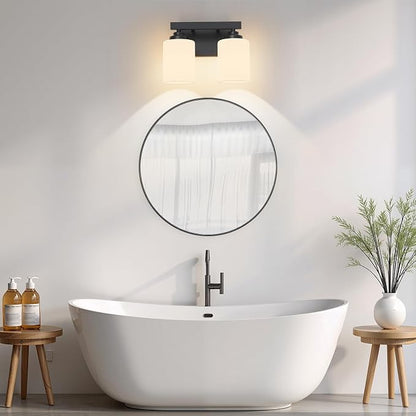 Bathroom Light Fixtures, Vanity Light Over Mirror Black 2-Light Fixture | Modern bathroom vanity light fixture with metal frame, ideal for mirrors, bedrooms and hallways. Fits E26 bulbs.