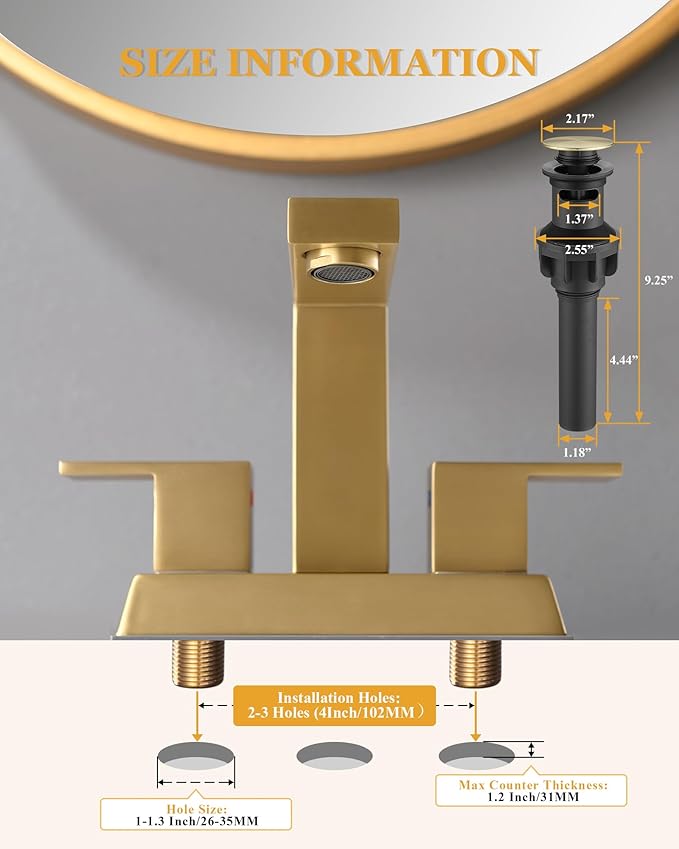 Tohlar Brushed Gold 2 Handle 4 Inch Centerset Bathroom Faucet with Pop Up Drain and 2 Lead-Free Hoses