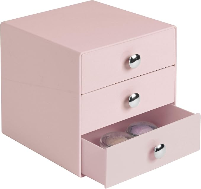 iDesign Plastic 3-Drawer Jewelry Box, Pink, 6.5" x 6.5" x 6.5" | Compact Storage Organization, For Cosmetics, Dental Supplies, Hair Care, For Bathroom, Office, Dorm, Desk, Countertop