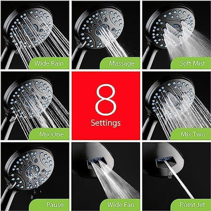 AquaCare 50-mode High Pressure Shower Head Combo with Arm & Dual Power Wash | Hygienic Jets, 2-mode Handheld Power Wash for Tub, Tile & Pets, Long 6 ft. Stainless Steel Hose, Extra Wall Bracket / Black