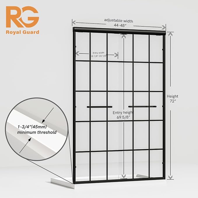 Semi-Frameless Sliding Shower Door 44-48"W x 72"H ,Grid Pattern Matte Black | Grid Pattern Design,6mm SGCC Tempered Glass,Nano Coating Easy Clean.Walk-in & Bathtub Use,Reversible Installation