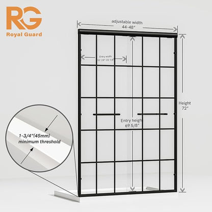 Semi-Frameless Sliding Shower Door 44-48"W x 72"H ,Grid Pattern Matte Black | Grid Pattern Design,6mm SGCC Tempered Glass,Nano Coating Easy Clean.Walk-in & Bathtub Use,Reversible Installation