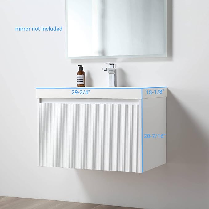 Blossom 30 Inch Bathroom Vanity with Sink | All Wood Wall Mounted Floating Vanity Cabinet with Acrylic Sink | Soft-Close Drawer | Modern Minimalist Style (30" w/Acrylic Basin, Matte White)