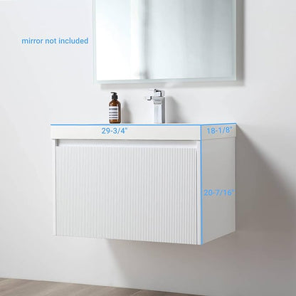 Blossom 30 Inch Bathroom Vanity with Sink | All Wood Wall Mounted Floating Vanity Cabinet with Acrylic Sink | Soft-Close Drawer | Modern Minimalist Style (30" w/Acrylic Basin, Matte White)