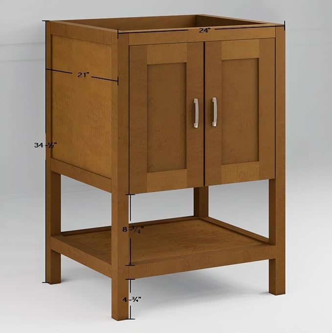 24" Natural Wood Bathroom Vanity Base Only – Freestanding Solid Wood Sink Cabinet with Open Shelf, Shaker Style Storage, No Top or Sink, 36" W x 21" D x 34.5" H
