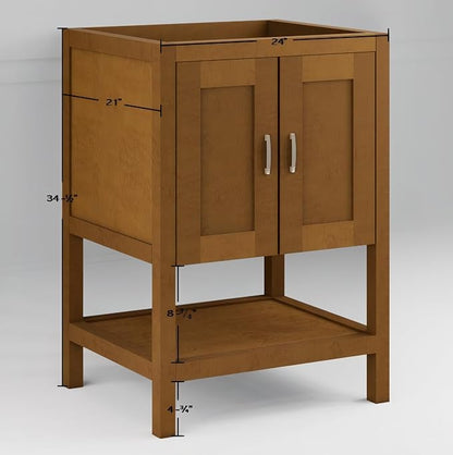 24" Natural Wood Bathroom Vanity Base Only – Freestanding Solid Wood Sink Cabinet with Open Shelf, Shaker Style Storage, No Top or Sink, 36" W x 21" D x 34.5" H