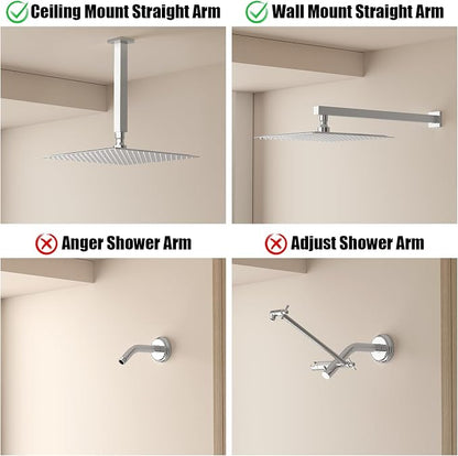 12 Inch Rain Shower Head High Pressure Rainfall Shower Head Chrome | Square Rain Bathroom Showerhead, High Flow, Large Stainless Steel, Ceiling Mounted, Wall Mounted, Waterfall Full Body