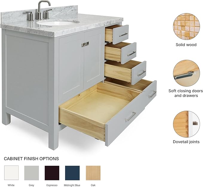 ARIEL Cambridge 42-inch Bathroom Vanity with Sink,Solid Wood, 1.5-inch Italian Carrara Marble Countertop & Backsplash, Single Oval Porcelain Sink, 2 Soft Closing Doors, 5 Dovetail Drawers, Grey