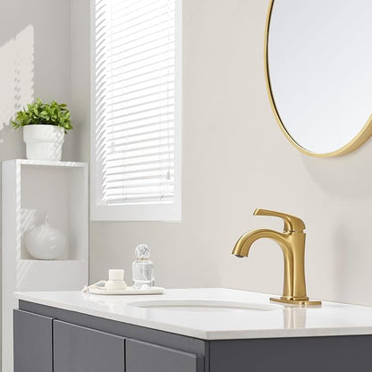 Brushed Gold Single Hole Bath Room Faucets,Brushed Gold Bathroom Faucet,Single Handle Brass Sink Faucet Bathroom for 1 or 3 Holes,with Pop Up Drain Supply Hose for Vanity,Lavatory RV Farmhouse