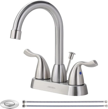 ARCORA 2 Handle Modern Bathroom Faucet Brushed Nickel, 4 Inch Centerset Bathroom Faucet with Drain Assembly and Supply Hoses, 3 Holes Faucet for Bathroom Sink