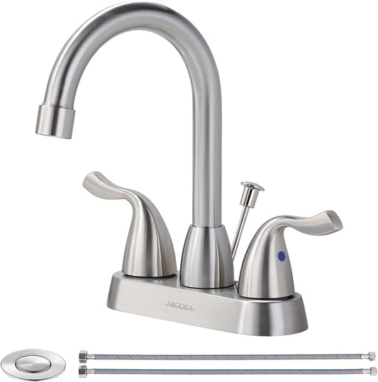 ARCORA 2 Handle Modern Bathroom Faucet Brushed Nickel, 4 Inch Centerset Bathroom Faucet with Drain Assembly and Supply Hoses, 3 Holes Faucet for Bathroom Sink