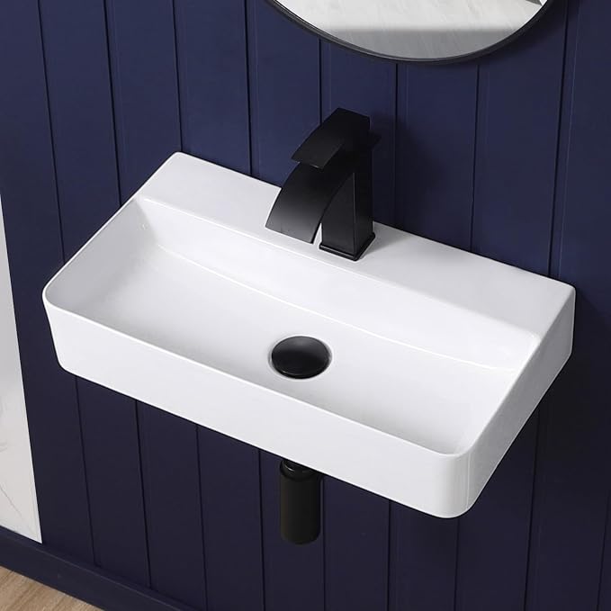 Wall Mount Bathroom Sink 21"x12" Small Vessel Sink Wall Mounted Rectangular Wall Hung Mini White Porcelain Ceramic Floating Tiny Sink,Easy Install, Durable, Space-Saving, Ideal for Home,RV