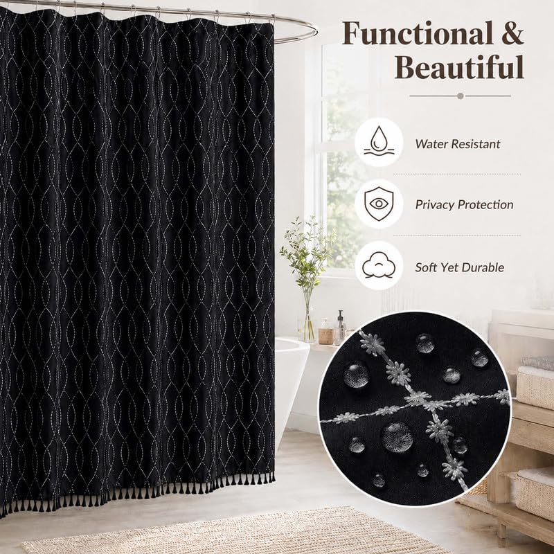 OVZME Black Shower Curtain for Bathroom, Puff Printed Textured Shower Curtain with Tassels, Rustic Geometry Heavy Duty Vintage Country Bathroom Curtain, Water Resistant Fabric, 72Wx72L Inches